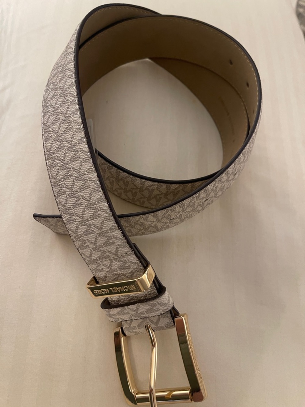 Michael Kors Light Beige Logo Belt with Gold Buckle